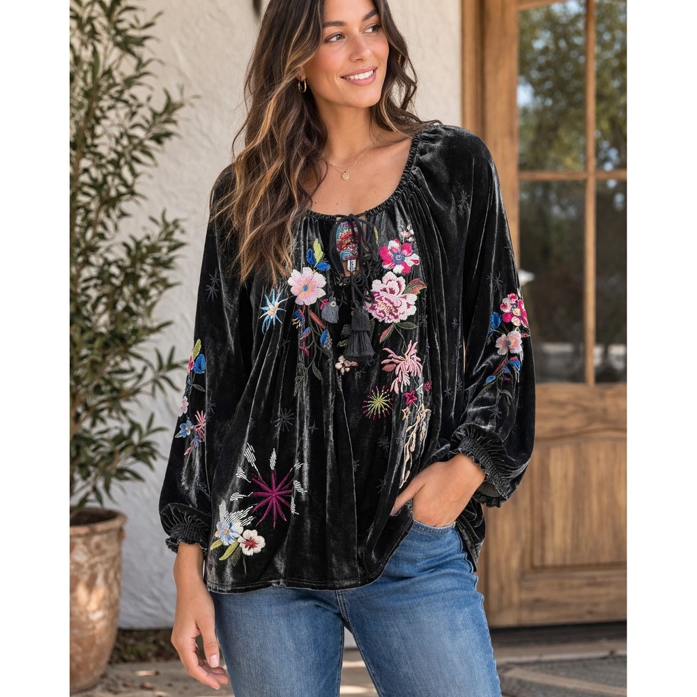 Johnny Was Charcoal Gray Silk Blend Velvet Embroidered Floral Peasant Blouse L